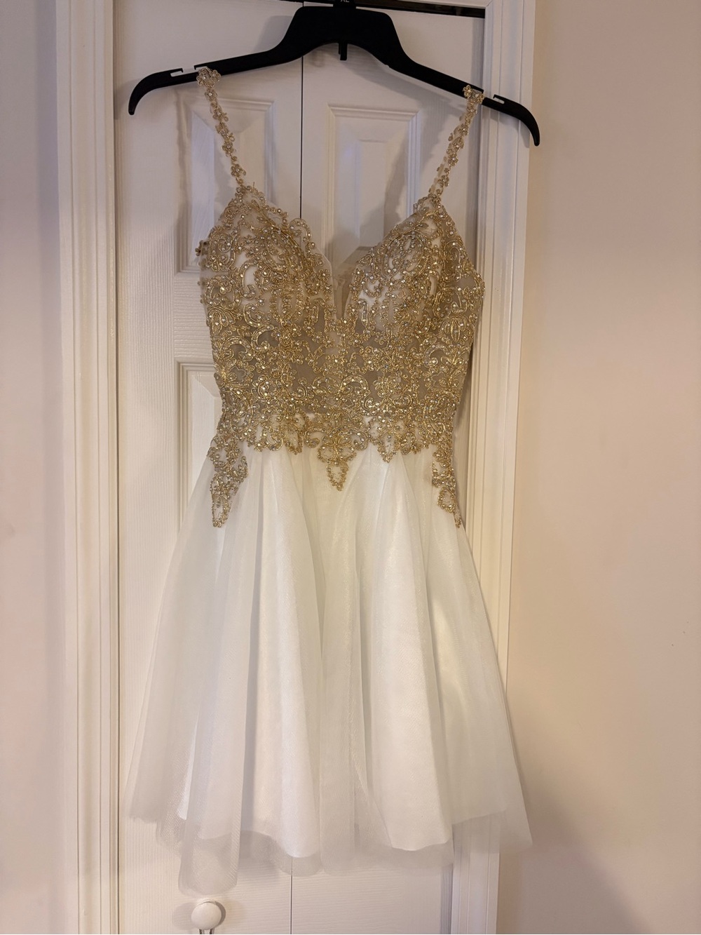 Gold Embellished White Mini Dress - Elegant Party Dress